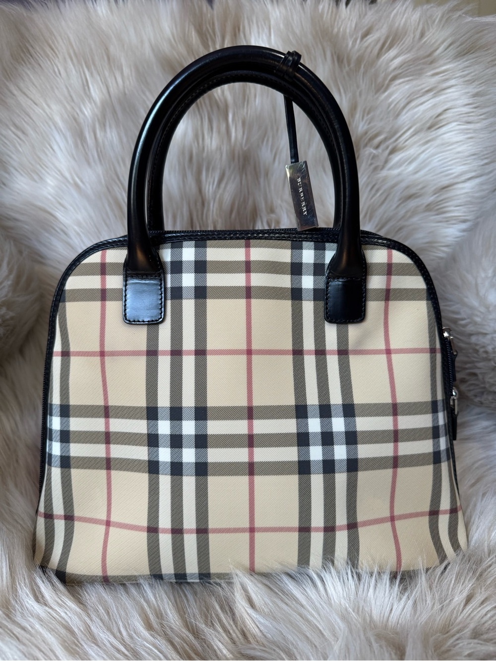 Plaid Dome Satchel in Beige with Black Trim